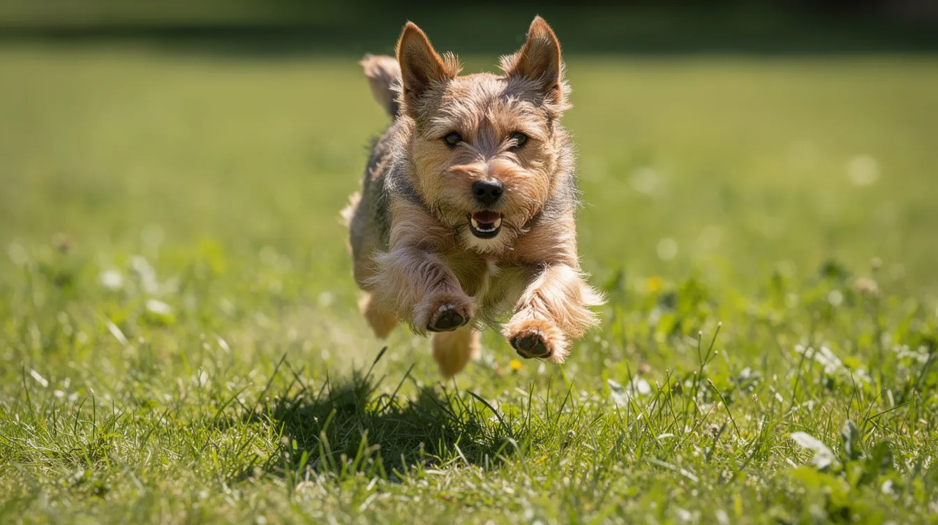 A small terrier, full of energy, is joyfully running through a lush grassy field, showcasing the playful nature typical of small dog breeds. Its expressive eyes and lively demeanor highlight the charm of these beloved companion dogs.