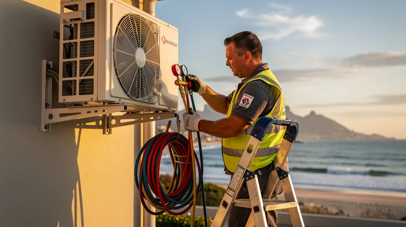 A skilled aircon regas technician is servicing a split air conditioning system outside a house in Bloubergstrand, ensuring the outdoor unit is properly maintained for efficient cooling. The technician is focused on the task, equipped with tools to check and refill the refrigerant, providing professional service to keep the air conditioning system in optimal condition.