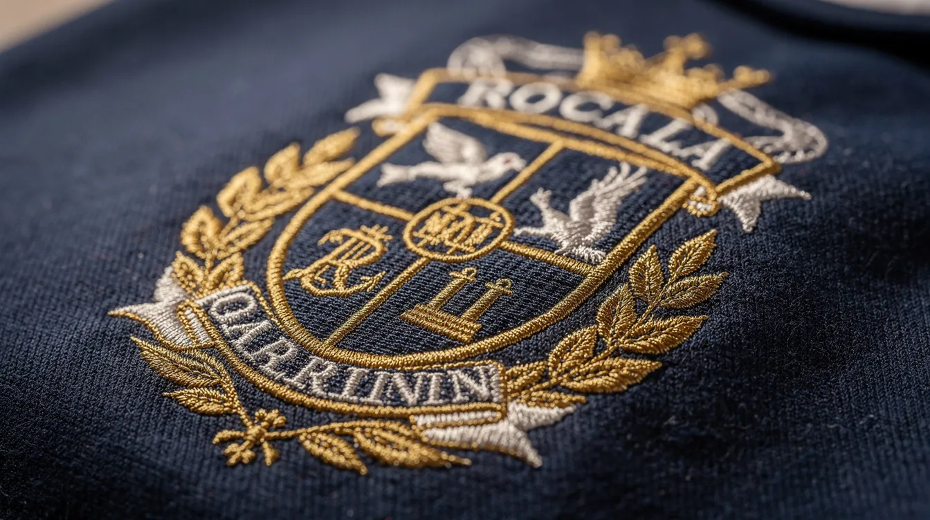 The image features a close-up of an embroidered school crest on navy fabric, showcasing intricate details that represent the school's identity. This emblem is often seen on uniforms worn by students, including boys and girls, highlighting the polished and traditional styles associated with school attire.