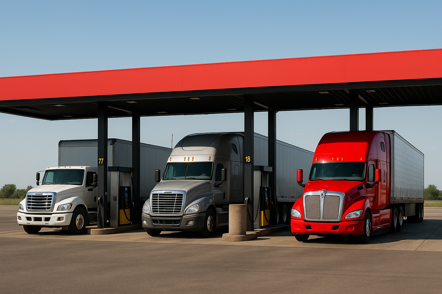 Semi trucks fueling up at a truck stop