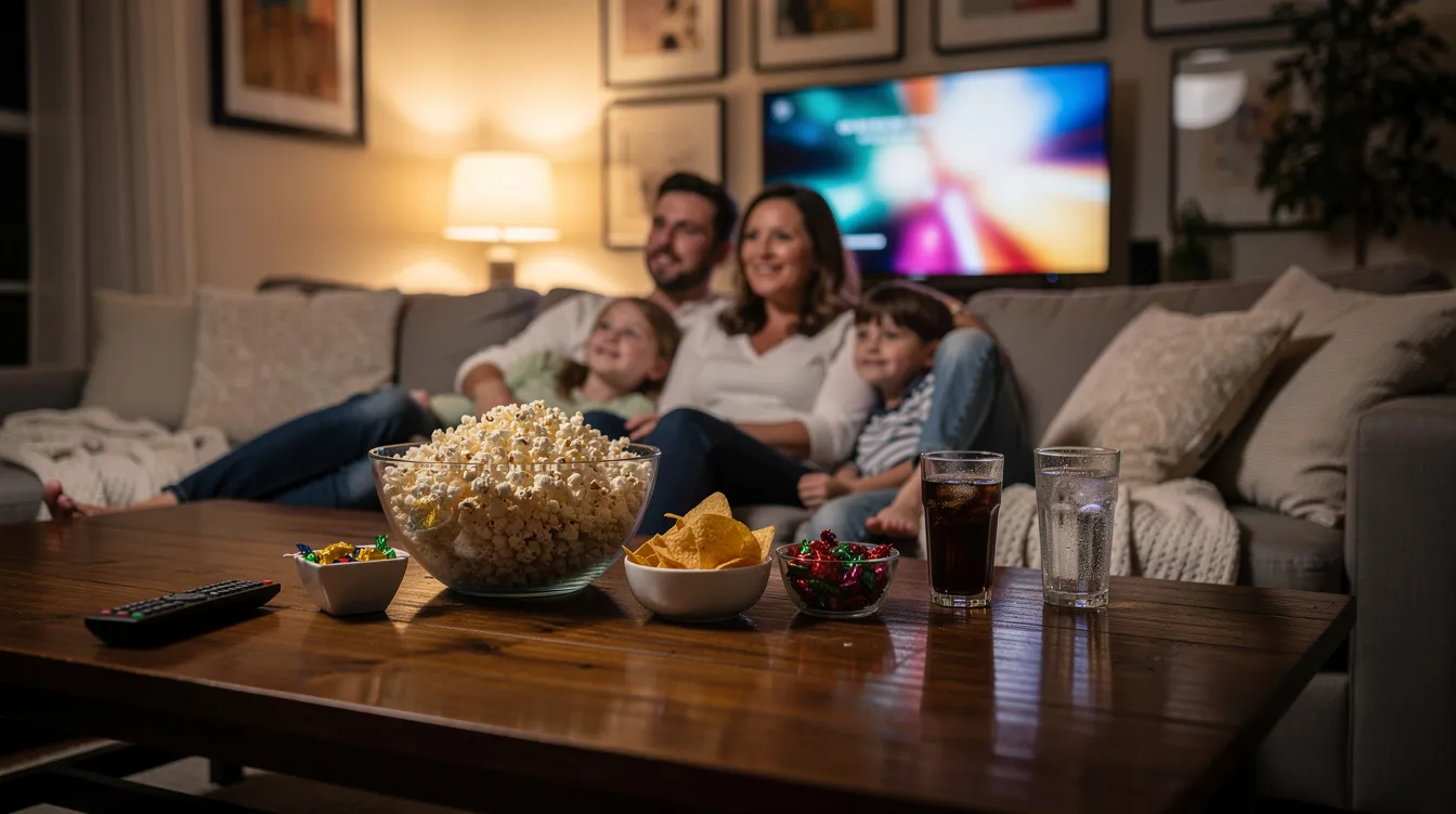 A family of four is comfortably seated on a large couch in their living room, enjoying a movie night together while surrounded by snacks on the coffee table. They are watching live TV, likely using one of the popular streaming services to access their favorite shows and live sports events.