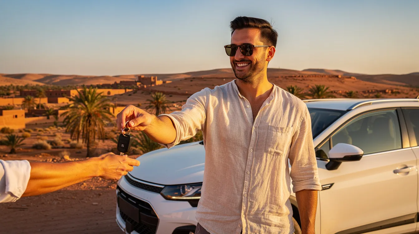 Un voyageur souriant reçoit les clés de sa voiture de location devant un paysage ensoleillé du Maroc, avec des montagnes en arrière-plan et une ambiance chaleureuse typique de Tanger. Cette scène illustre le début d'une aventure de voyage, idéale pour explorer les environs et profiter de la liberté offerte par la location de voitures.