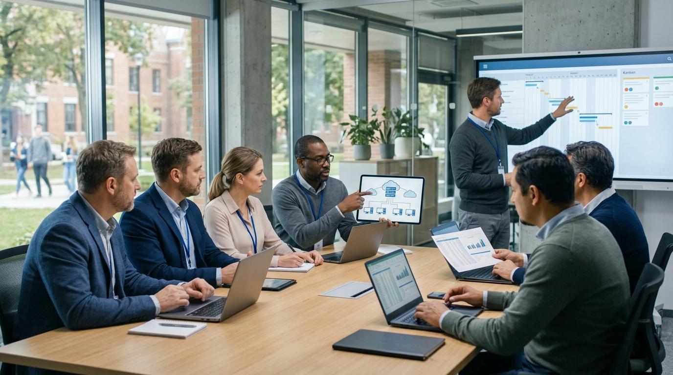 University administrators and IT professionals evaluating secure online assessment solutions with cloud infrastructure, virtual desktops, budgeting concepts, and digital planning tools.