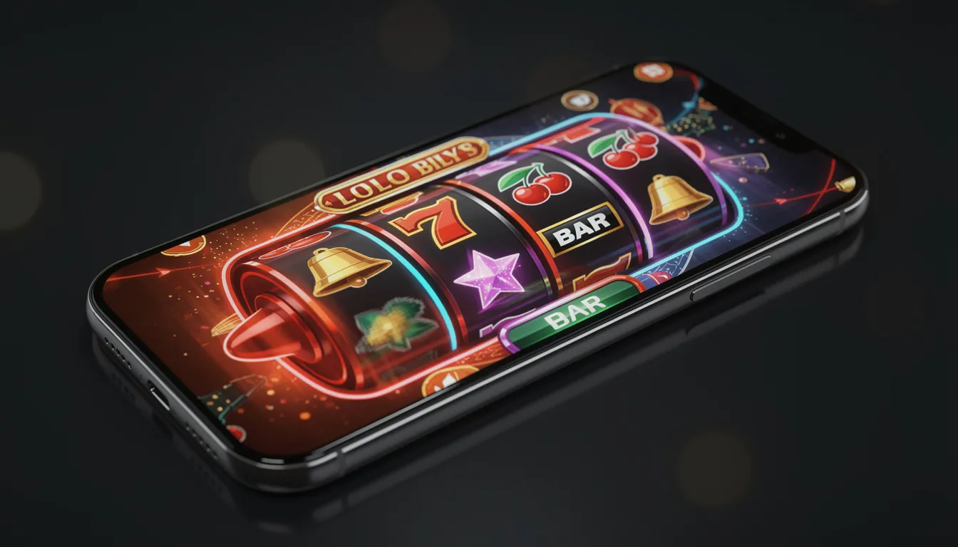 Smartphone screen displaying colorful spinning reels of an online slot game.