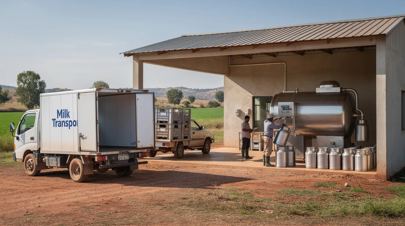 The image depicts a rural milk collection center featuring a stainless steel bulk milk cooler and various transport vehicles used for milk procurement. This facility plays a crucial role in the milk powder manufacturing industry, ensuring fresh milk is collected efficiently for processing into dairy products.