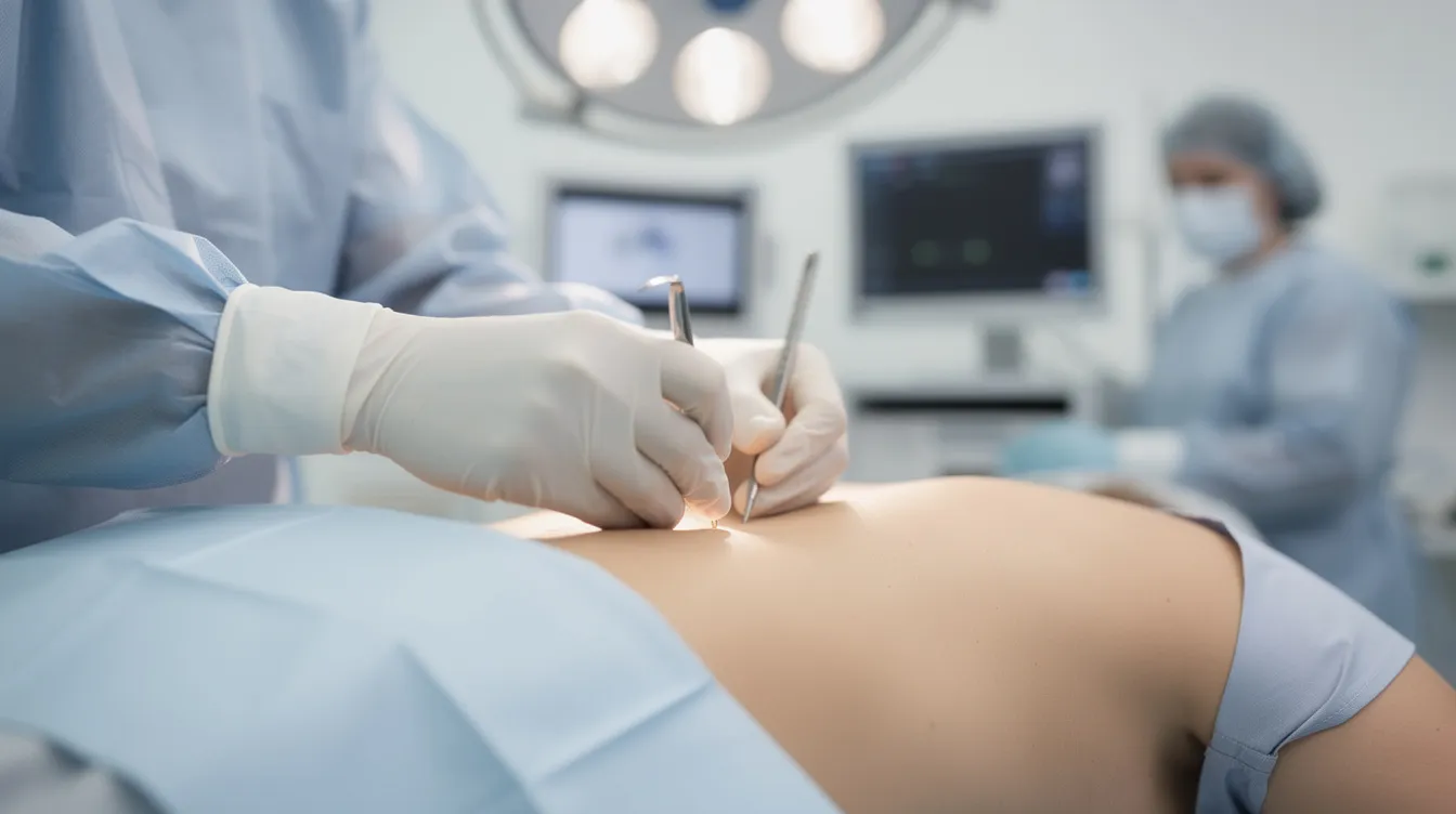 The image depicts a surgeon's hands skillfully performing a body contouring procedure on a patient's upper back, focusing on the removal of excess skin and fat to achieve a smoother contour. The modern operating room is equipped for this lift surgery, aiming for natural-looking results and addressing concerns related to sagging skin and skin laxity.