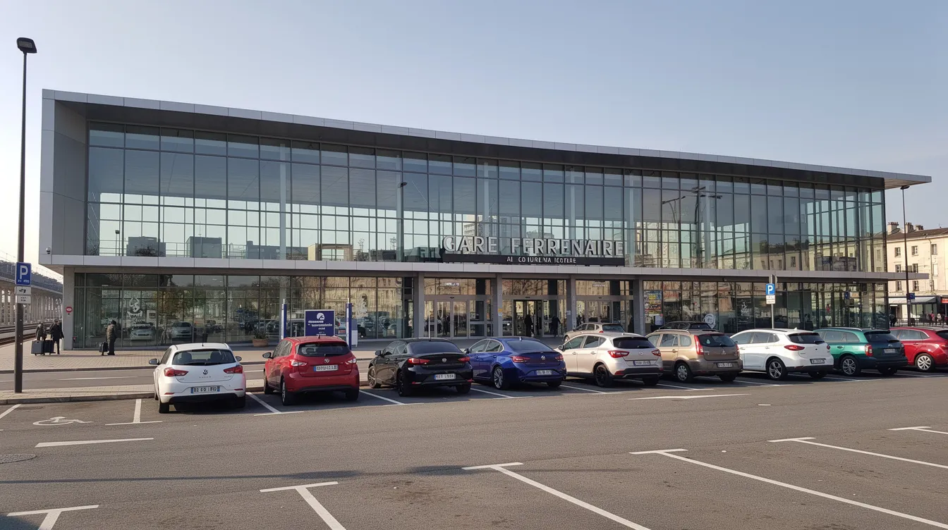 Une gare ferroviaire moderne est visible, avec des voitures garées sur le parking adjacent, suggérant des options de location de voiture à Meknès, au Maroc. L'image évoque un lieu animé, idéal pour les clients en voyage d'affaires ou de tourisme.