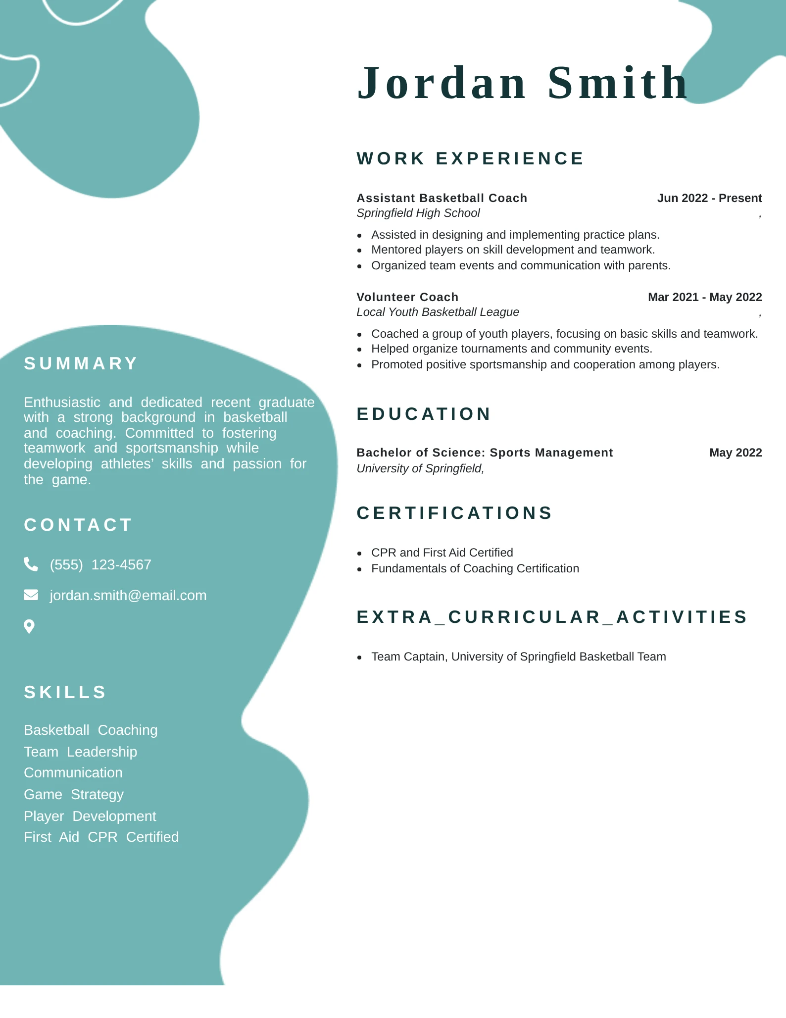 Entry-level basketball coach resume template with clean, modern design.
