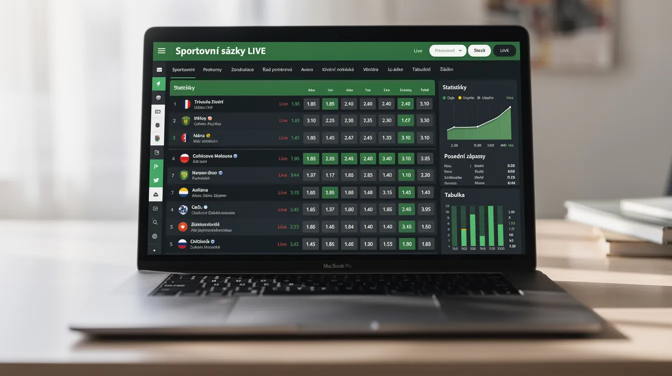 Na obrázku je laptop, který zobrazuje webovou stránku zahraniční sázkové kanceláře s aktuálními live kurzy a statistikami pro sportovní sázení. Na obrazovce jsou viditelné různé sportovní události a informace o bonusech pro nové hráče.