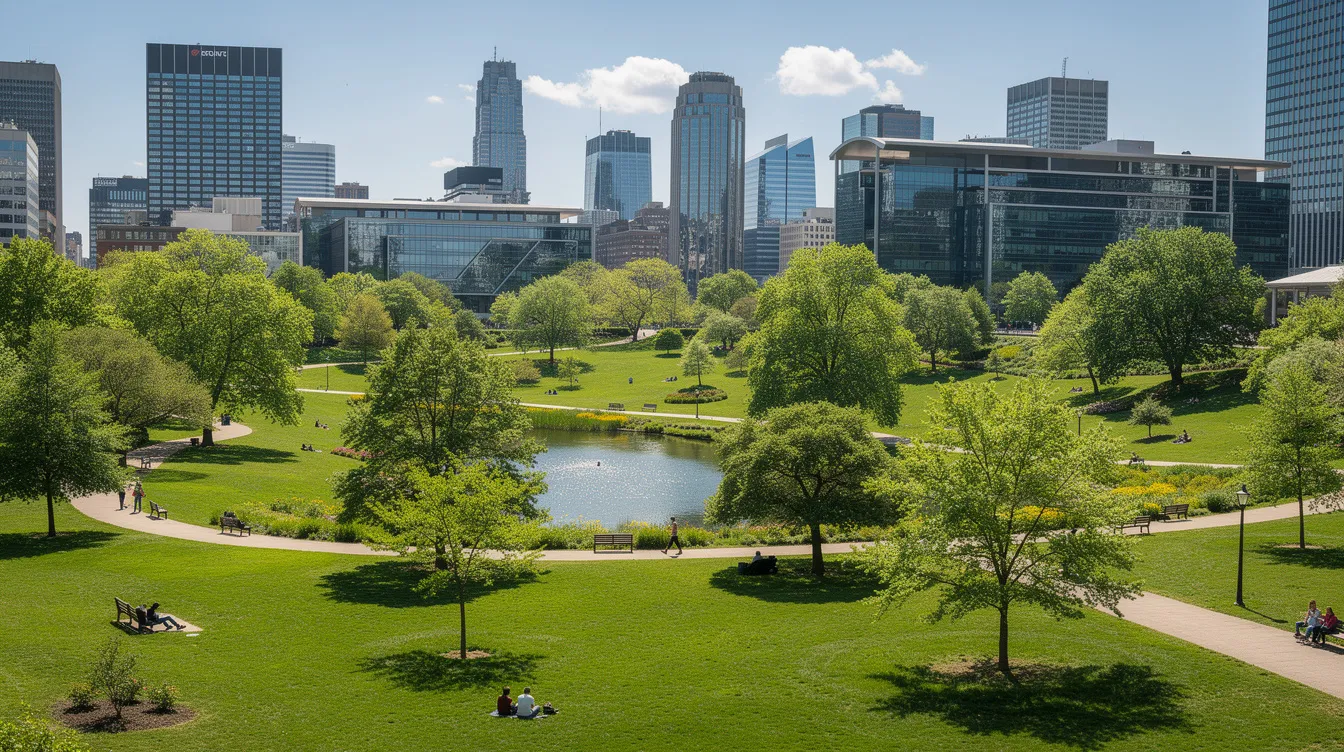 The image showcases a panoramic view of Chapultepec Park, a large green oasis nestled among the bustling modern city of Mexico City, characterized by tall buildings under a clear blue sky. This perfect setting offers a memorable experience for visitors looking to explore the best places in Latin America.