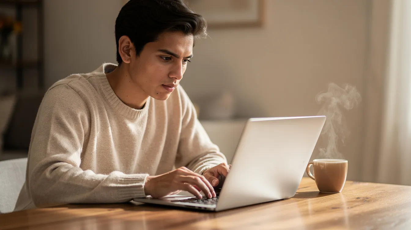 Een persoon zit gefocust achter een laptop en maakt content, met een kop koffie naast zich. Deze afbeelding symboliseert de eerste stap naar het laten groeien van een onderneming door slimme keuzes te maken en te investeren in duurzame groei.
