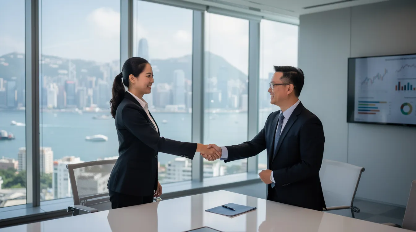 A confident professional is shaking hands with a financial advisor in a sleek, modern office in Hong Kong, symbolizing a successful collaboration. The backdrop features large windows showcasing the vibrant skyline of the 香港 特別 行政區, emphasizing the dynamic business environment.
