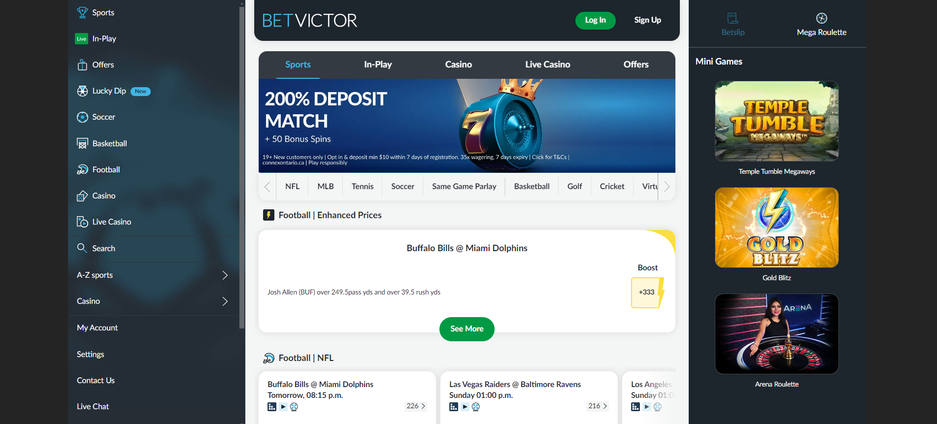 A screenshot desktop view of BetVictor Ontario sportsbook homepage.