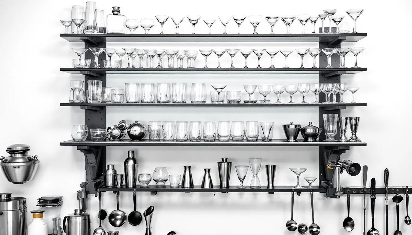 The image features a neatly organized rack displaying various essential bar tools and equipment, including cocktail shakers, bar spoons, and ice cube trays, without any visible alcohol. The setup showcases reliable ice makers and glass racks, highlighting the importance of these bartending supplies in a professional bar environment.