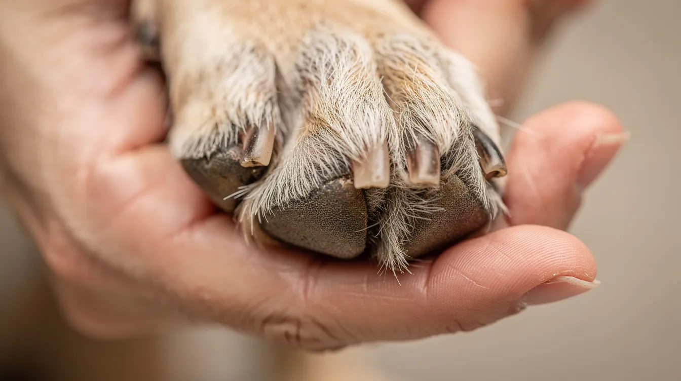 A close-up view of a person's hand gently holding a dog's paw, clearly showing the dog's nails, which appear slightly long and in need of trimming. This image emphasizes the importance of regular nail trimming for maintaining the dog's overall nail health and comfort during walks.