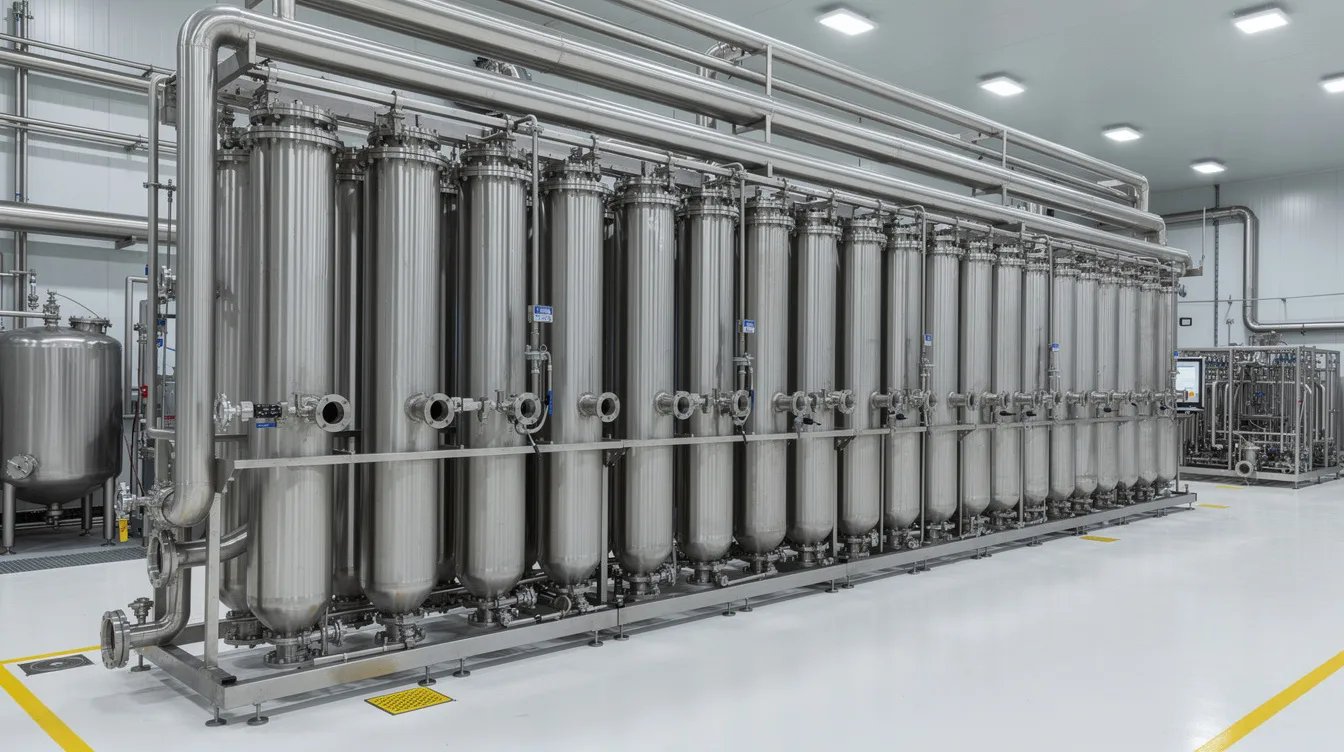 666a580e a4aa 486c 8afb 9c7833695d0c The image depicts large industrial membrane filtration modules with stainless steel housings, arranged in parallel rows within a dairy processing plant. These advanced whey processing technologies are essential for effectively concentrating whey proteins, including those used in high-value whey protein products and functional beverages.