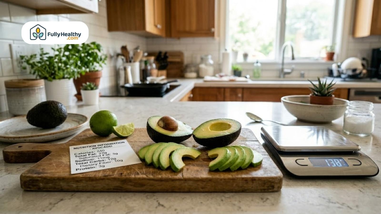 Avocado halves and slices on cutting board with nutrition label displayed