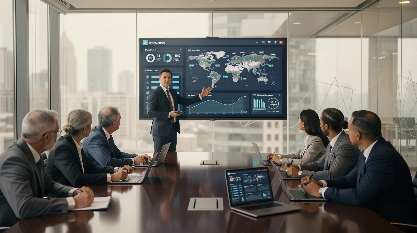 A professional is presenting cybersecurity data on a large screen to a group of executives seated around a boardroom table, highlighting key components of cybersecurity audits and risk management strategies to mitigate cybersecurity risks and enhance organizational resilience against cyber threats. The presentation emphasizes the importance of security controls and compliance requirements in ensuring robust cybersecurity practices.
