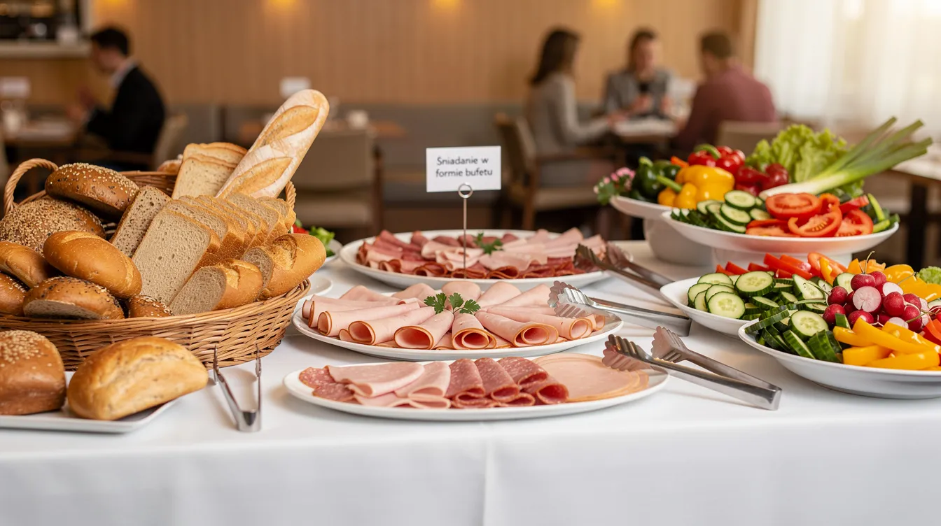 Na zdjęciu znajduje się bufet śniadaniowy, na którym widoczne są różnorodne rodzaje pieczywa, wędliny oraz świeże warzywa, idealne na udany wypoczynek. Taki posiłek stanowi doskonały początek dnia podczas wczasów dla seniorów w górach z wyżywieniem.