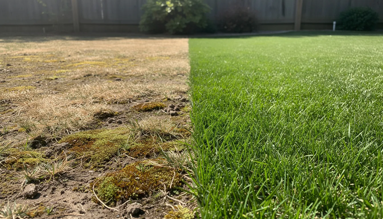 The image depicts a split view of a lawn, showcasing one side with patchy moss coverage and the other side featuring thick, healthy grass. This contrast highlights the importance of regular lawn care and maintenance services for achieving a lush, green lawn.