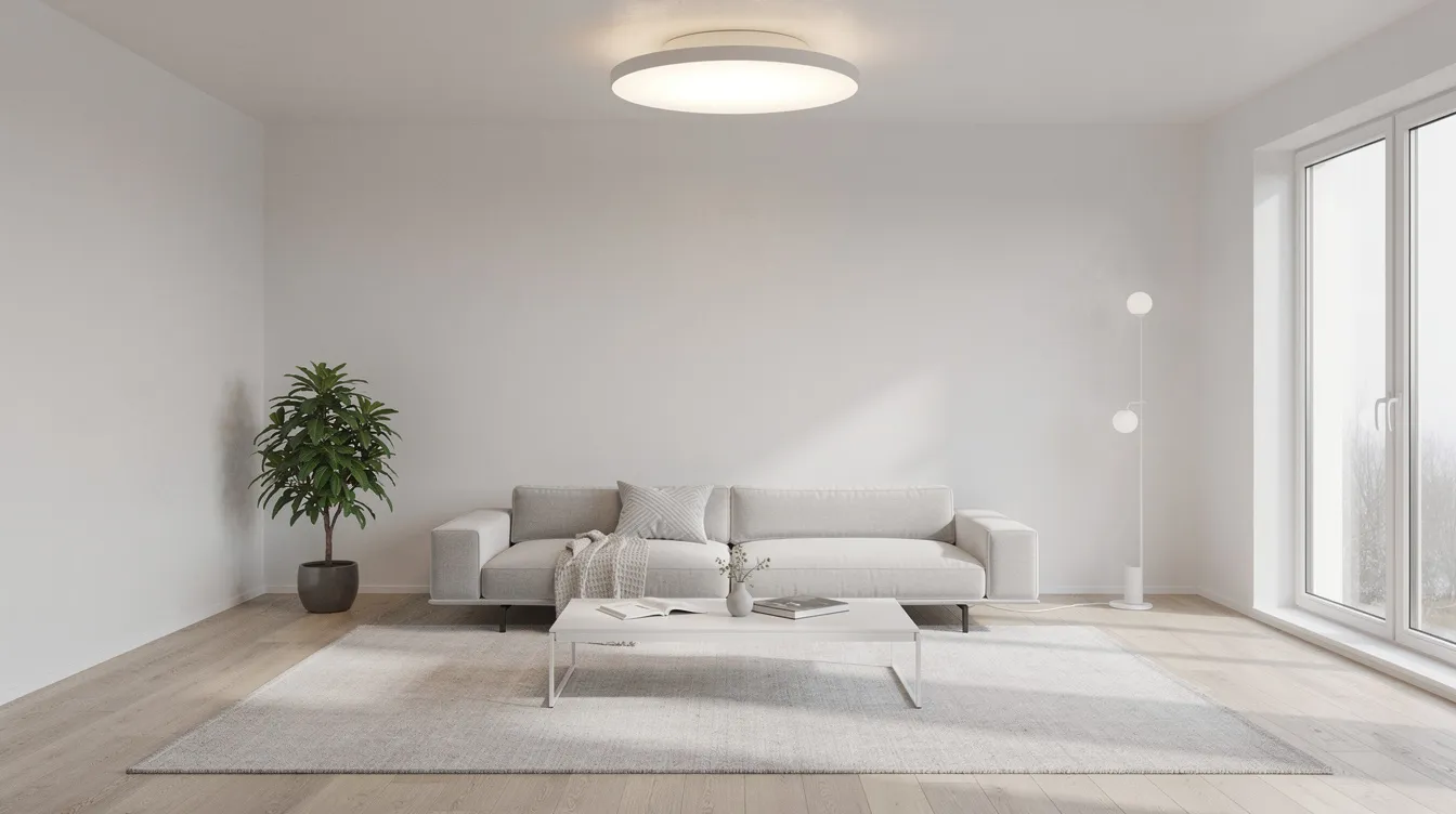 Ett modernt vardagsrum med en rund platt taklampa som är monterad mot det vita taket. Rummet har ljusa väggar och minimalistisk inredning, vilket skapar en luftig känsla och sprider ljuset på ett behagligt sätt.