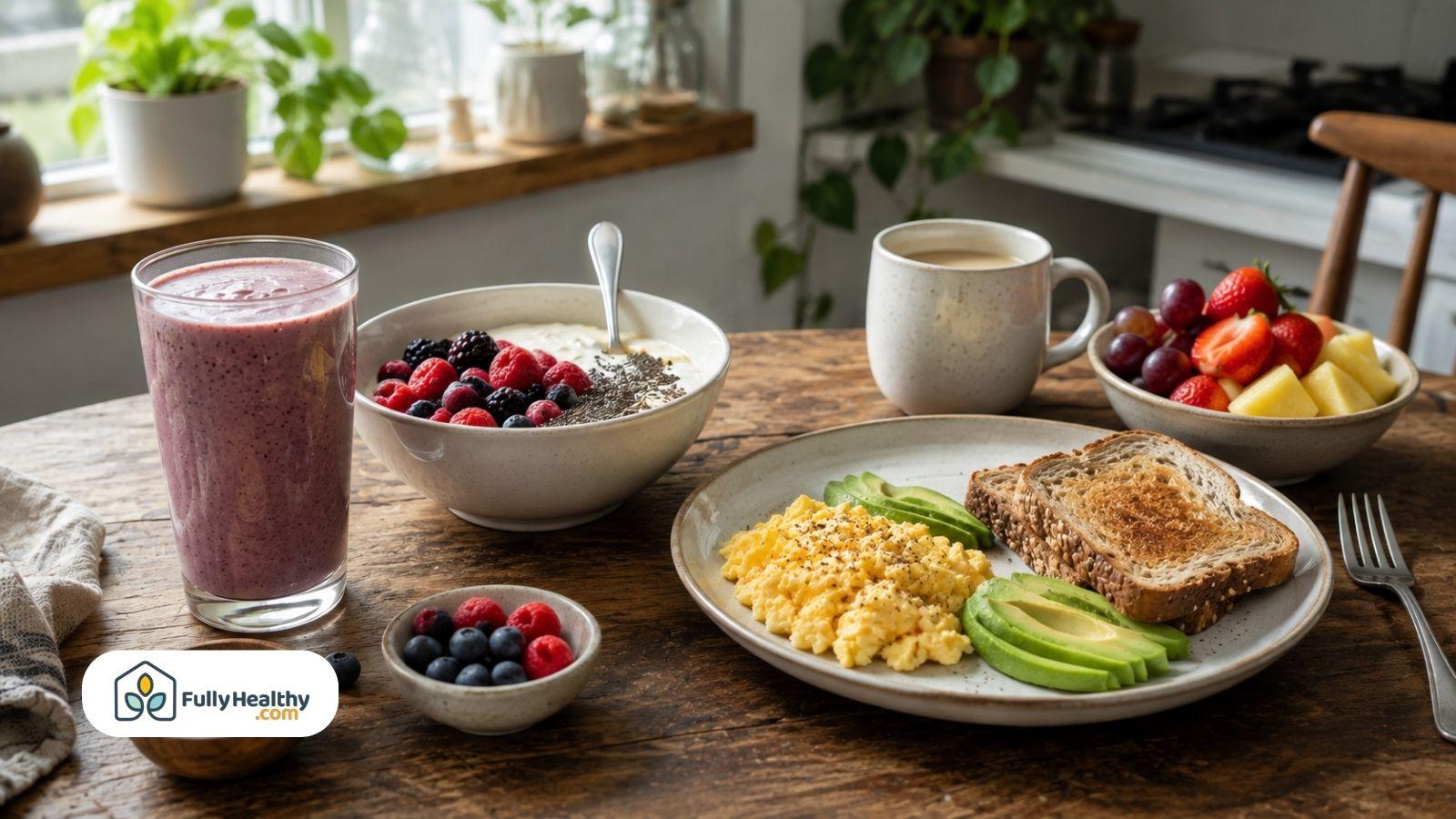 Balanced breakfast with protein smoothie eggs avocado toast and fruit