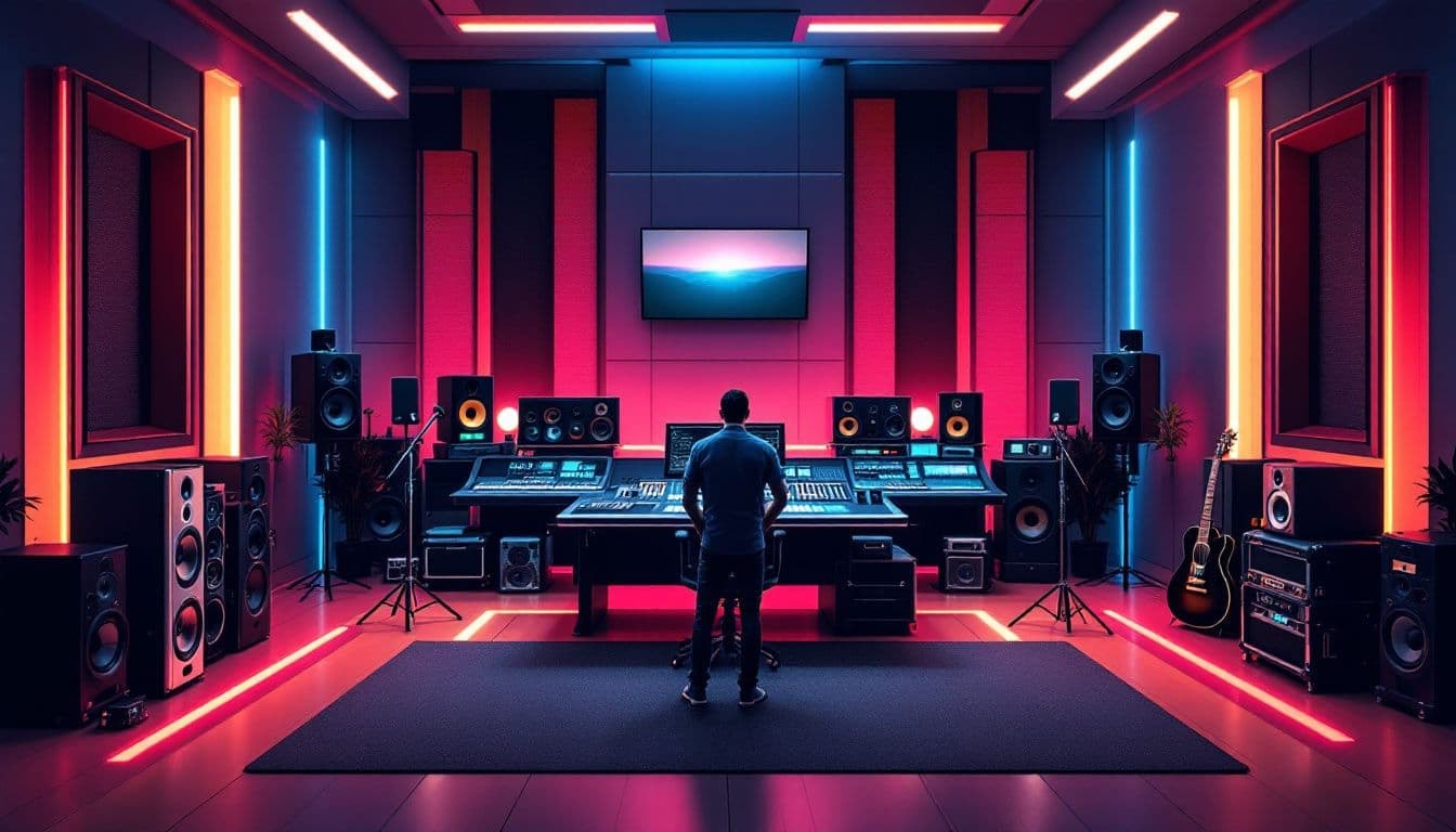 A professional mixing session in a high-quality recording studio.