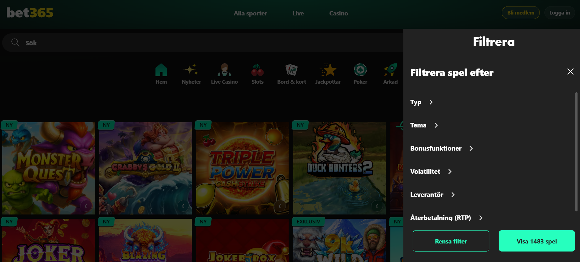Bet365 casinofilter där spel kan filtreras efter typ, tema, bonusfunktioner, volatilitet, leverantör och RTP.