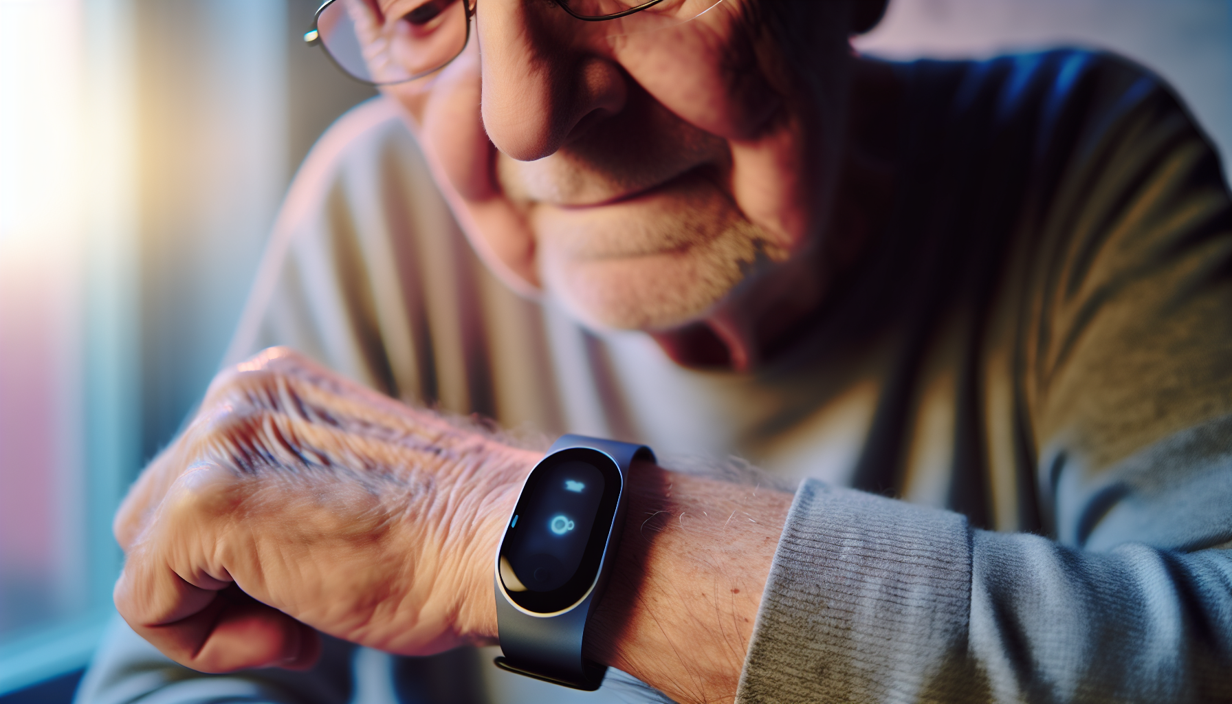 A photo of a senior wearing a health monitoring wearable device