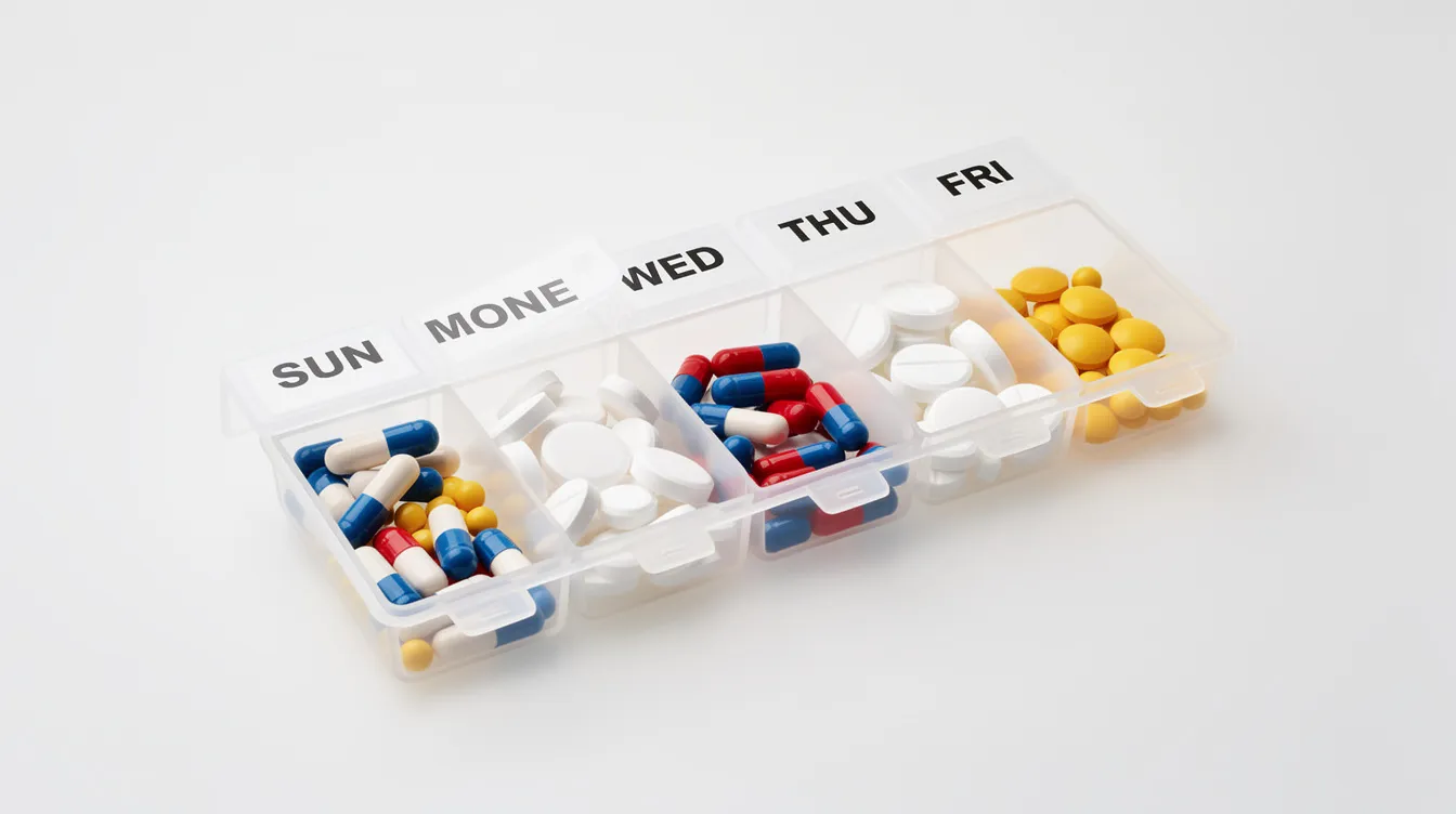 The image shows a weekly pill organizer filled with various medication pills, symbolizing a structured approach to health management. This method may relate to treatments like rapamycin therapy, which is studied for its potential longevity benefits and effects on aging processes.