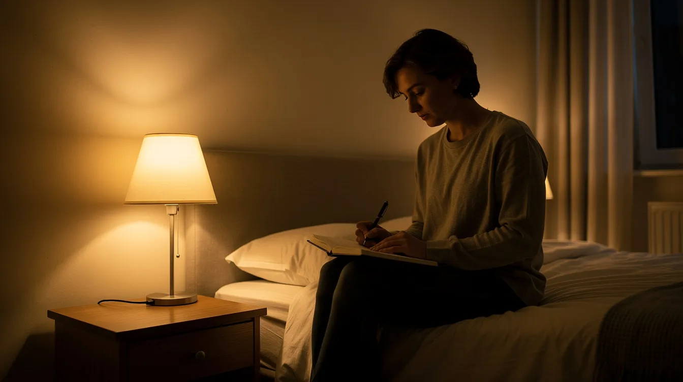 A person is sitting on their bed, writing in a journal illuminated by a bedside lamp, reflecting on their sleep habits and tracking their sleep metrics to improve sleep quality. This written sleep diary may help them identify patterns and disturbances in their sleep, contributing to a better understanding of their overall health and well-being.