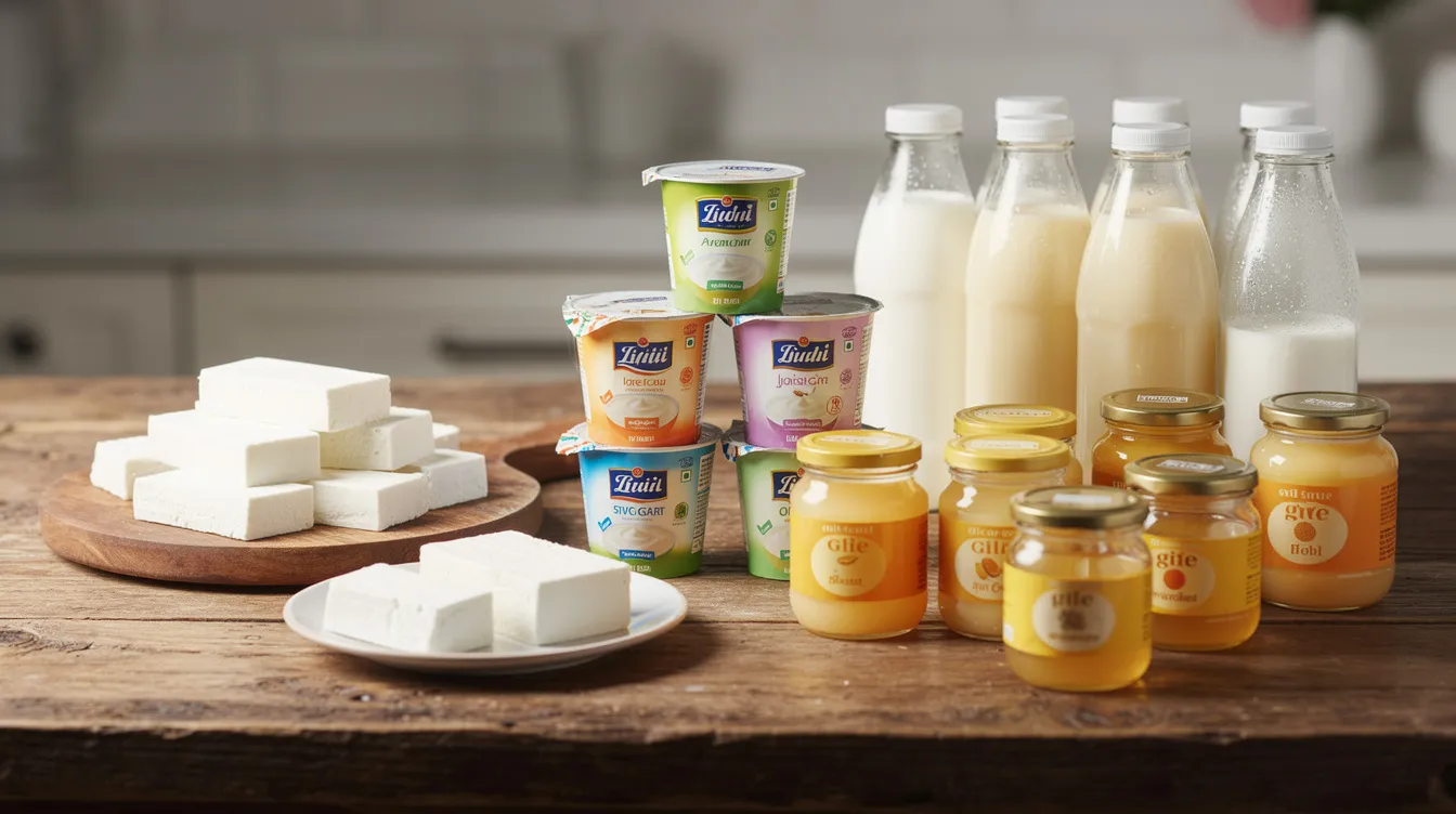 66735673 1981 4747 b6c7 80ed9316ae4d The image showcases a variety of dairy products elegantly arranged on a table, including yogurt cups, blocks of paneer, jars of ghee, and bottles of lassi, reflecting the diversity of the dairy industry. This assortment highlights the importance of managing working capital effectively to ensure the financial health and operational efficiency of a dairy farm.