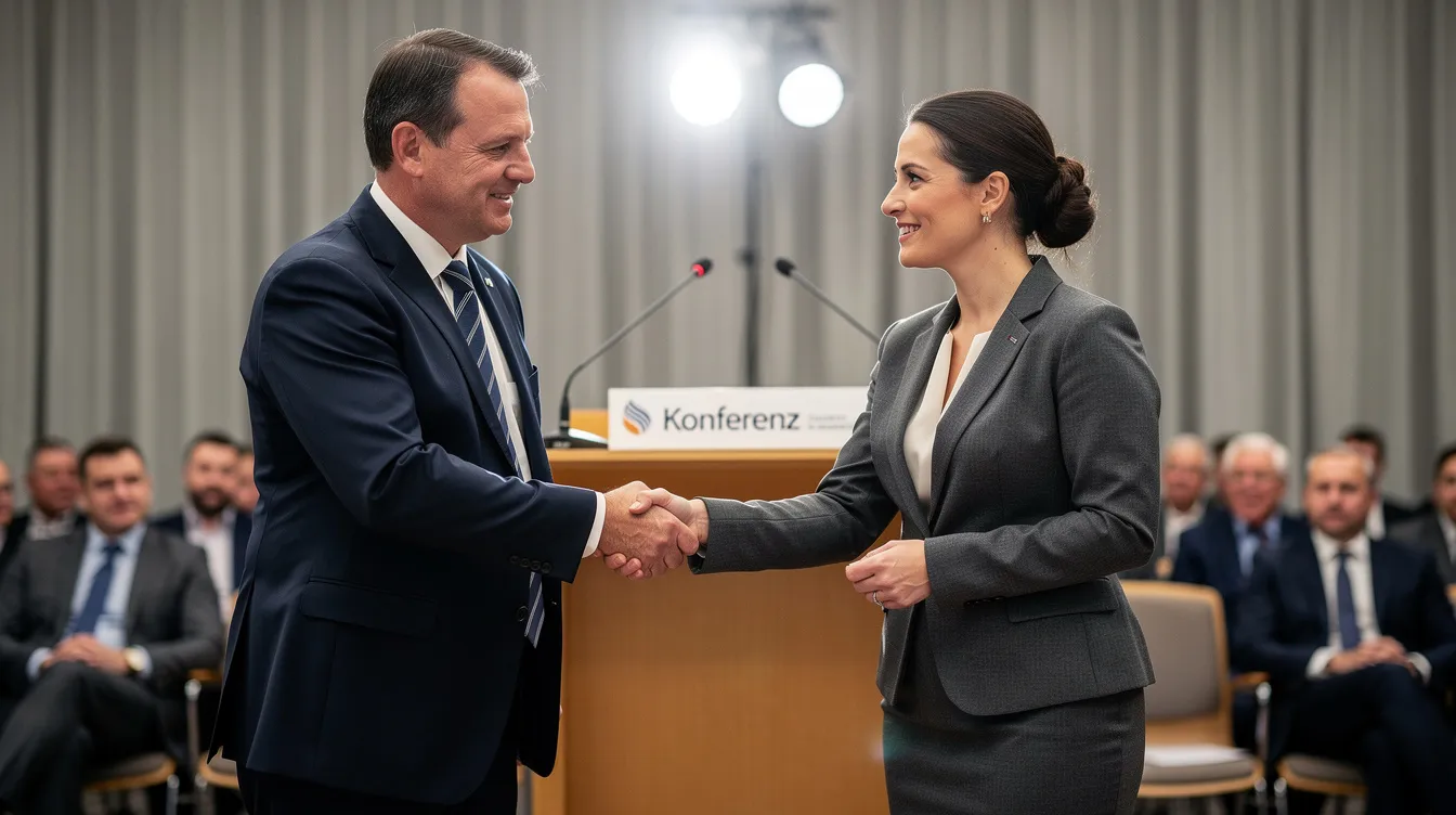 Zwei Personen in formeller Kleidung schütteln sich die Hände vor einem Rednerpult, was auf eine offizielle Begrüßung oder eine Ernennung hinweist. Die Szene vermittelt einen Eindruck von Professionalität und wichtiger Kommunikation im Rahmen eines Amts.