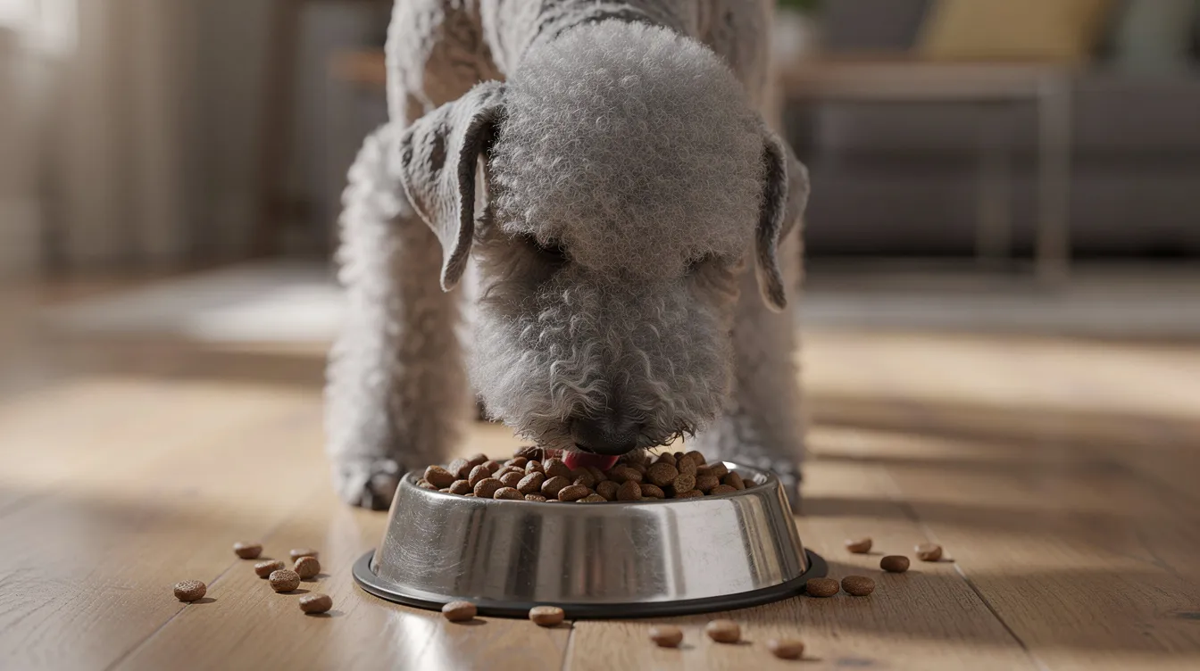 A Bedlington Terrier is happily eating high-quality kibble from a dog bowl, showcasing its distinctive curly coat and pear-shaped head. This loyal companion, known for its playful nature, enjoys a nutritious meal that supports its health as a generally healthy breed.