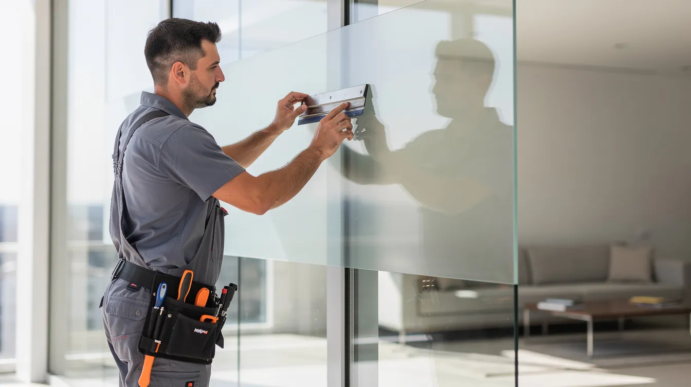 A professional window film installer is meticulously applying a high-quality window film to a large glass pane in a bright, modern room, showcasing their commitment to precision and great service. This installation not only enhances the appearance of the windows but also provides essential UV protection against harmful rays, ensuring comfort and safety for customers in the Columbus, Ohio area.