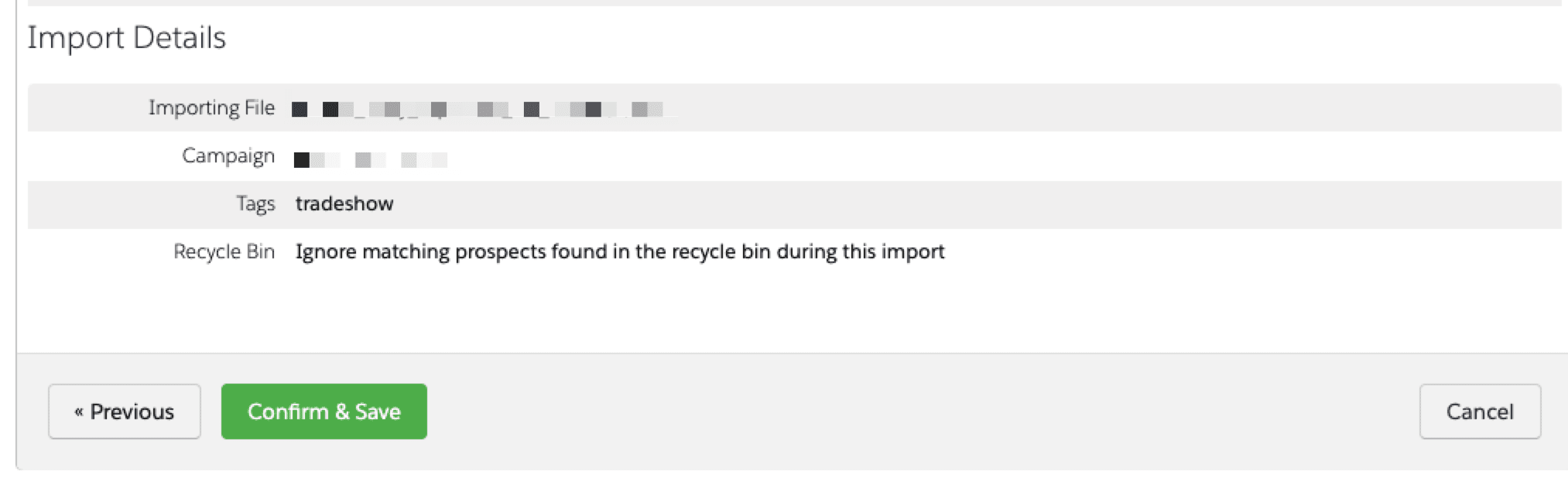 the 'confirm & save' step of importing pardot prospects