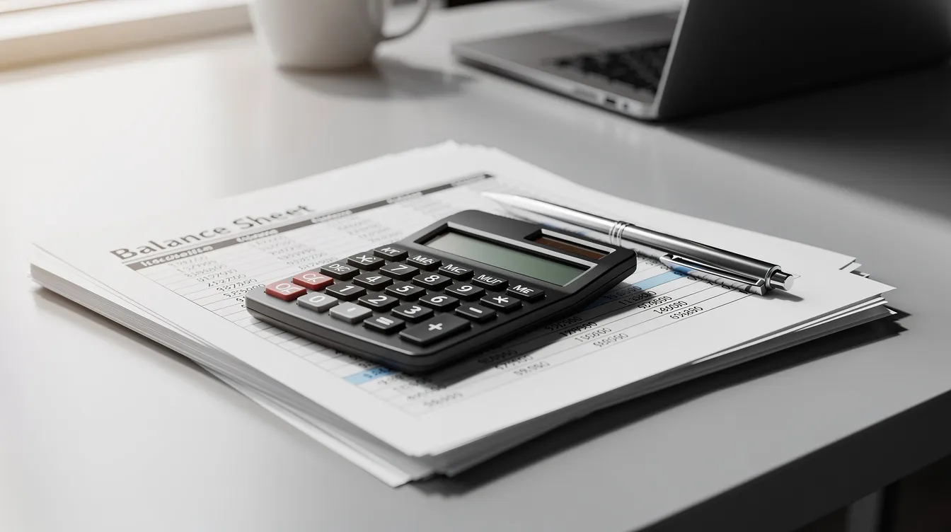 667a8ab4 35f8 4c95 8233 b94b692bb252 The image features a calculator, printed financial statements, and a pen neatly arranged on an office desk, symbolizing the preparation of financial documents essential for securing a mudra loan or managing project logistics details for micro enterprises. This setup reflects the meticulous planning required for project report submissions to financial institutions.