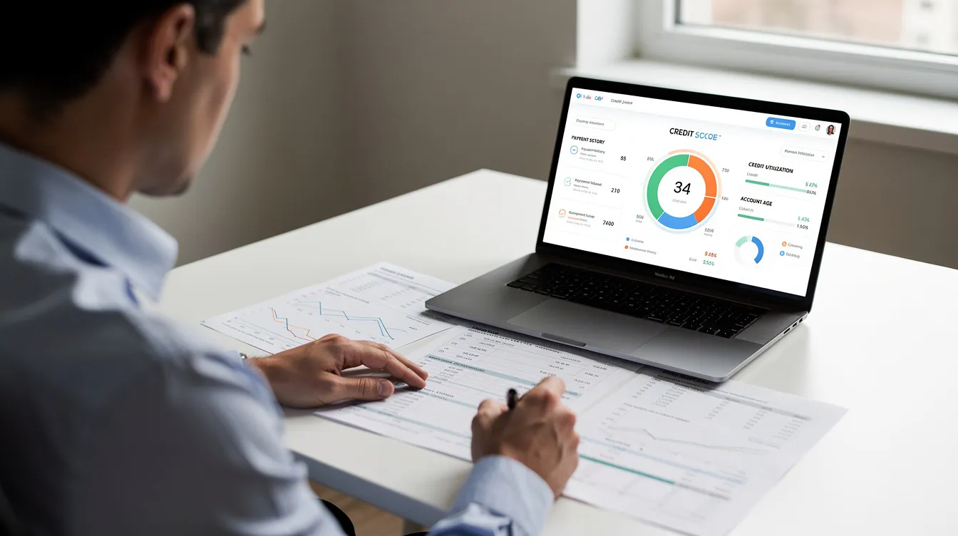 The image shows a person carefully reviewing financial documents alongside a laptop displaying a credit score dashboard, highlighting the importance of understanding personal credit for small business owners seeking financing options like small business loans or SBA loan programs.
