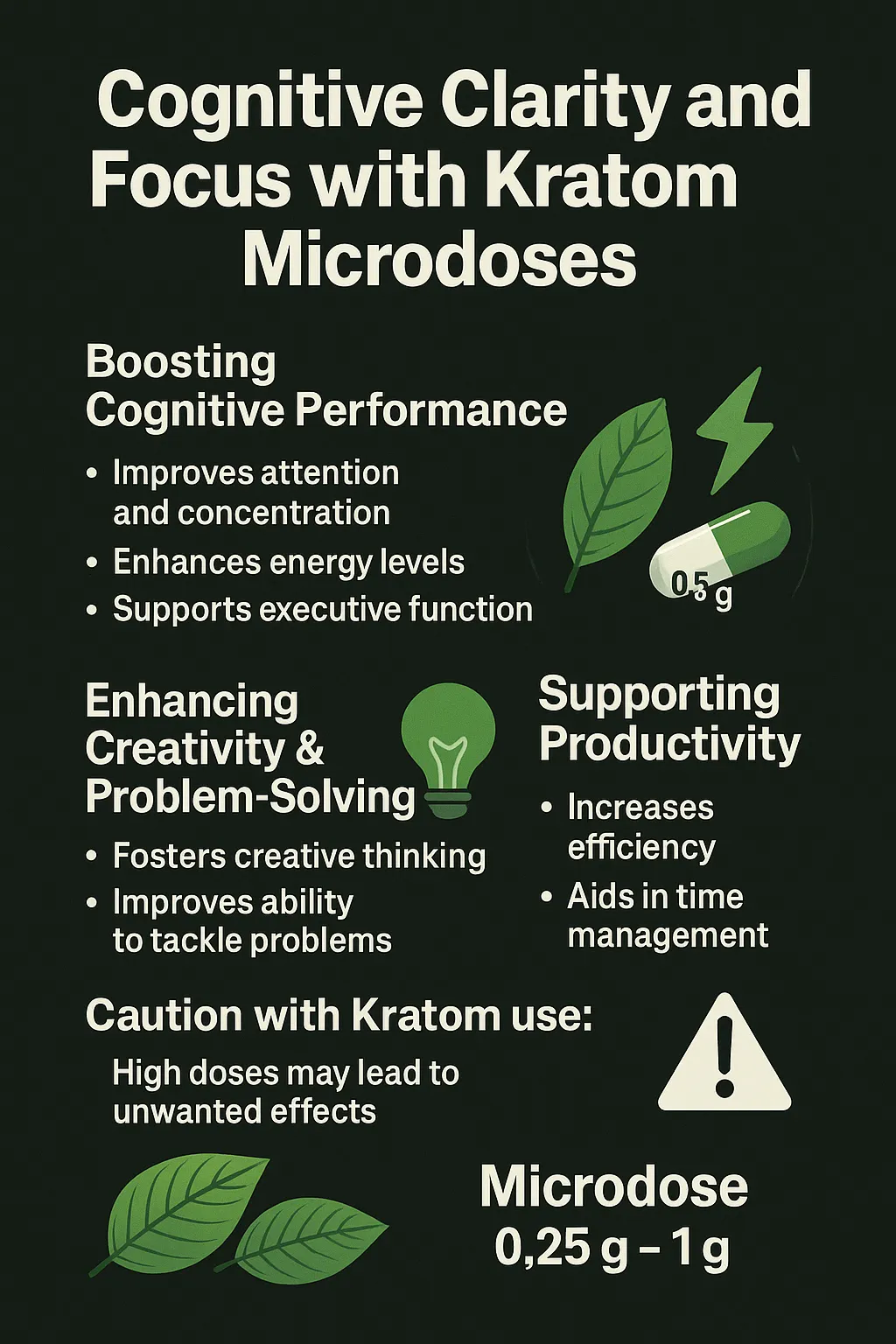 The Benefits and Risks of Microdosing Kratom for Anxiety and Clarity 5 A dark-themed infographic highlighting how kratom microdoses boost cognitive performance, creativity, and productivity, along with a caution about high doses.