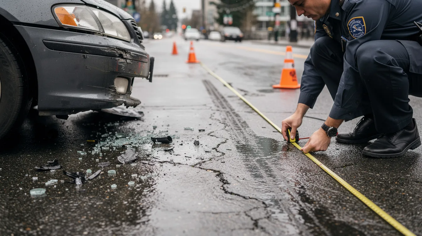 A close-up view of a car accident investigation scene in Seattle shows a neutral-uniformed investigator carefully measuring skid marks on the wet asphalt with a tape measure, while a damaged vehicle is partially visible nearby. Traffic cones are placed around the area, and the cloudy daylight enhances the documentary-style composition, emphasizing the meticulous collection of evidence related to the car accident.