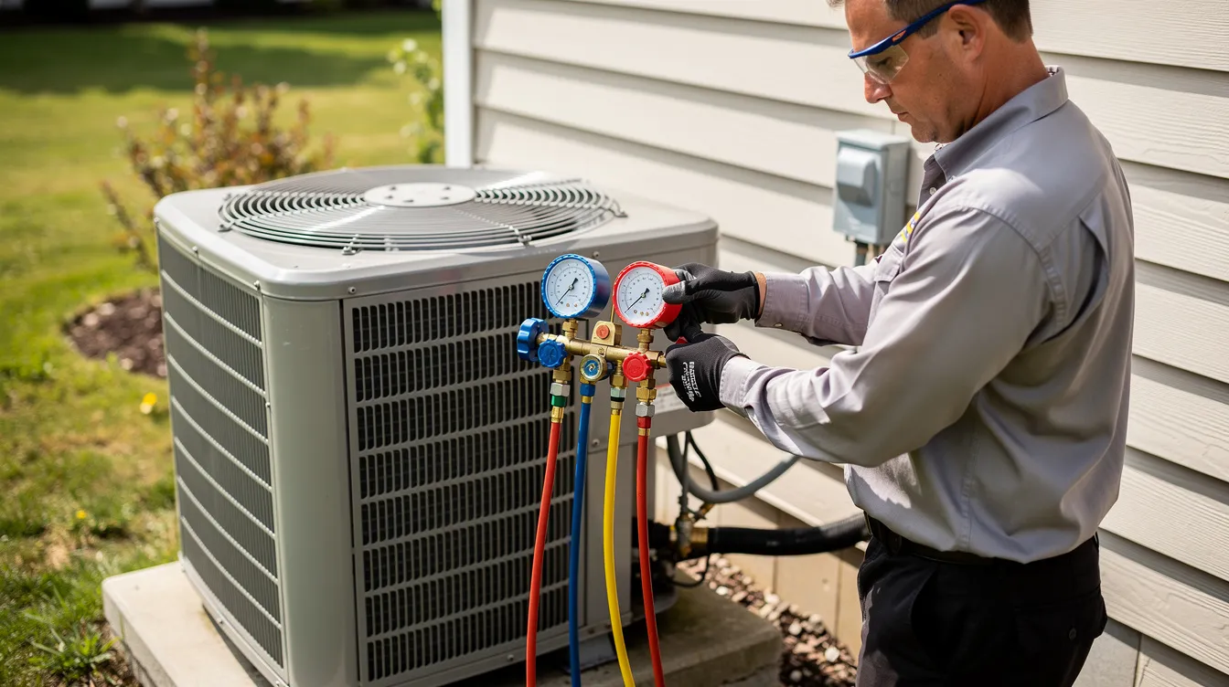 A skilled technician is connecting refrigerant gauges to an outdoor air conditioning unit, ensuring the system is properly inspected and ready for efficient cooling. This essential job is part of aircon repairs and regas services, crucial for maintaining comfort in residential and commercial spaces.