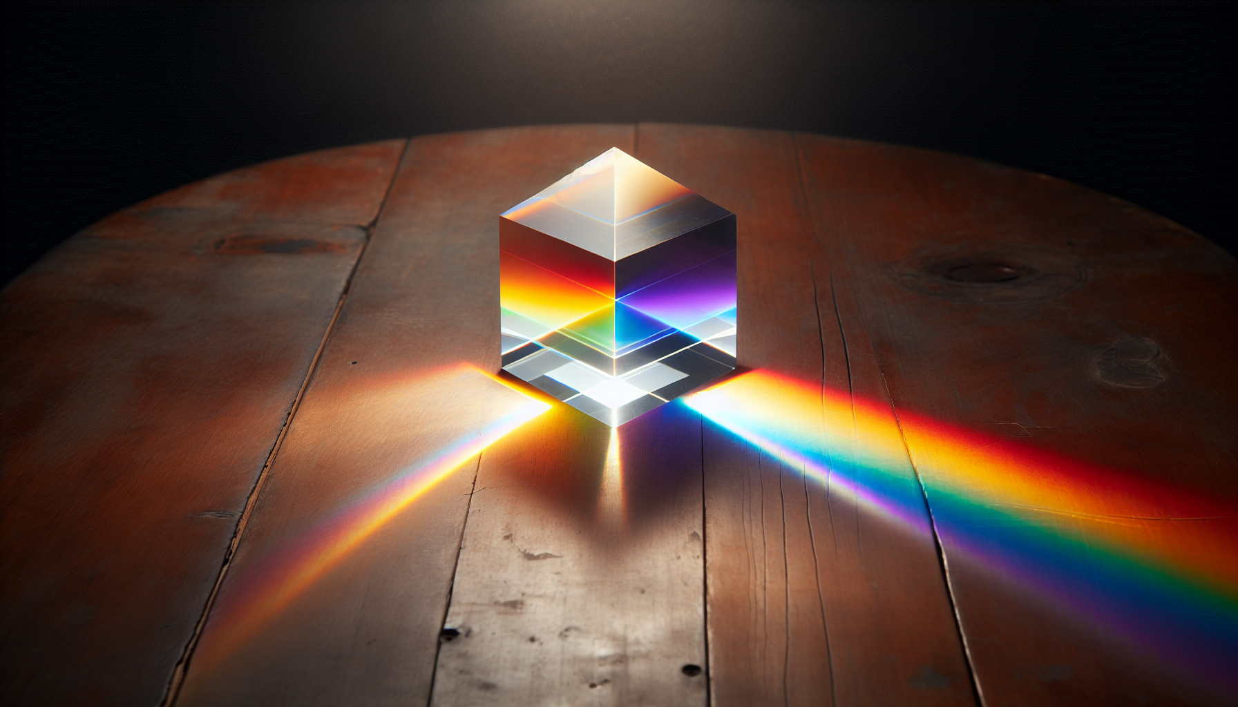A prism dispersing white light into the visible spectrum colors