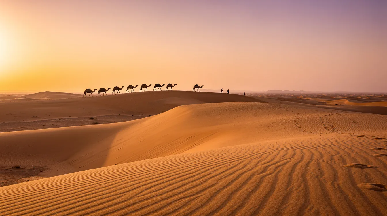 The image depicts golden sand dunes of the Sahara Desert stretching endlessly towards the horizon at sunset, with the silhouettes of camels gracefully walking in a line. This breathtaking scene captures the essence of a desert adventure, ideal for those seeking a luxurious experience in a desert camp.