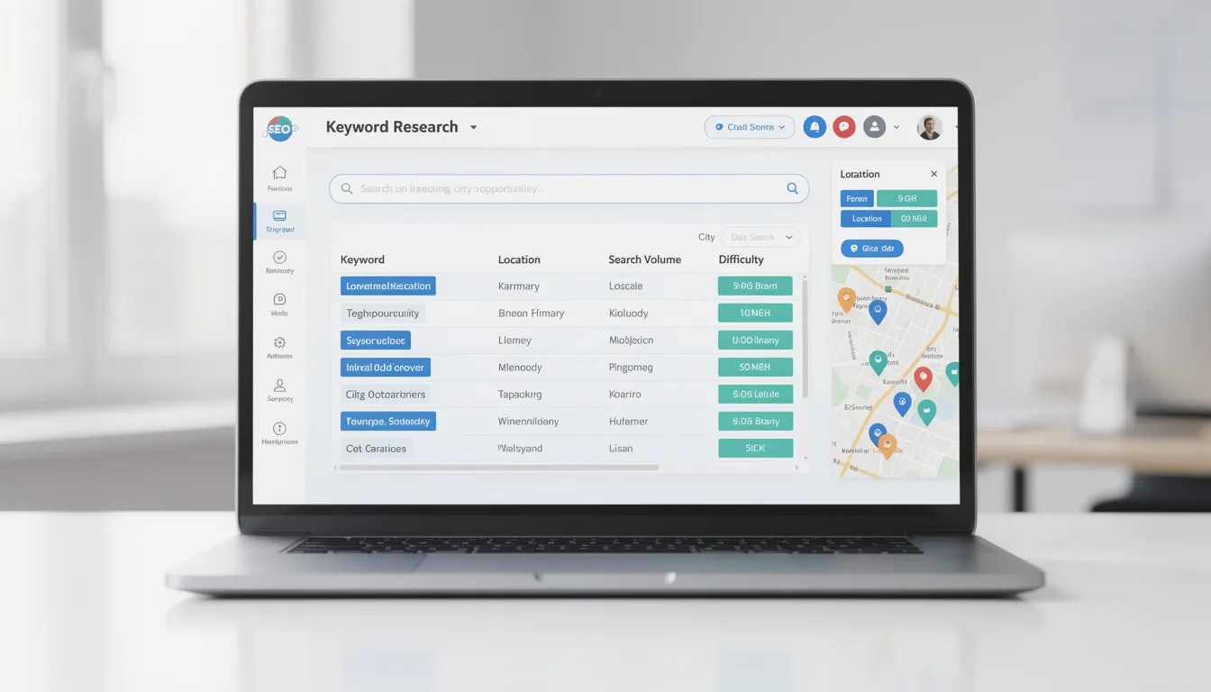 The image depicts a local SEO keyword research tool interface, showcasing various location-based search terms related to local businesses. It includes features for analyzing Google Maps listings, search results, and relevant keywords to enhance a business's online presence and visibility in local search engines.