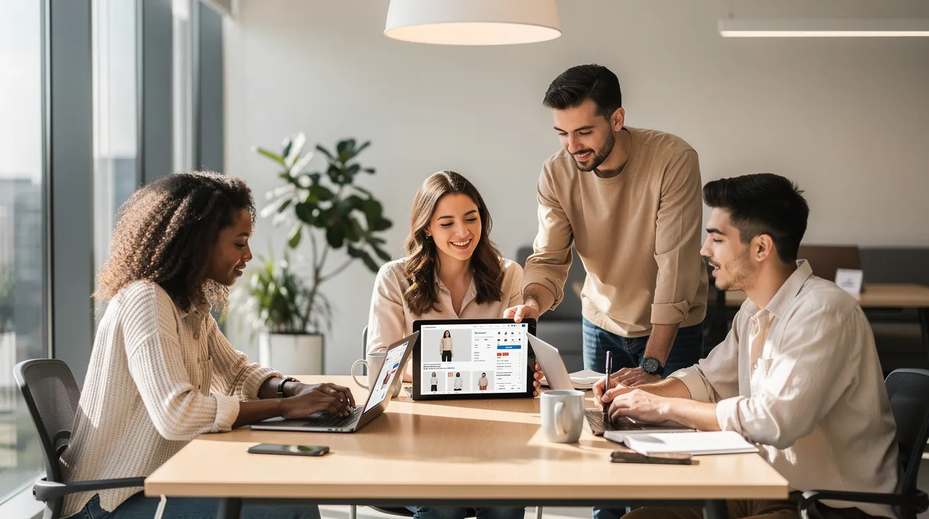 The image depicts a small, ambitious ecommerce team collaborating around laptops in a bright office space, showcasing their dedication to customer success and innovative marketing strategies. The atmosphere reflects a supportive environment where teammates can nurture personalized experiences and empower each other to reach their limitless potential.