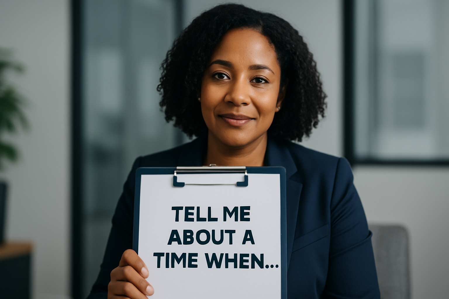 Professional hiring manager sitting in a modern office, holding a clipboard that reads “Tell me about a time when…” The woman has a confident, approachable expression, wearing a navy blazer, with a soft-focus office background. The image reflects a behavioral interview setting.