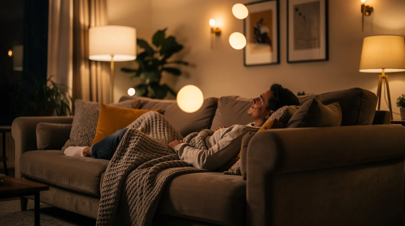 A person is lounging on a comfortable couch, surrounded by soft ambient lighting that creates a relaxing atmosphere. This moment of tranquility suggests a focus on calm and relaxation, perfect for enjoying products like delta 8 THC, known for its mild buzz and smooth experience.
