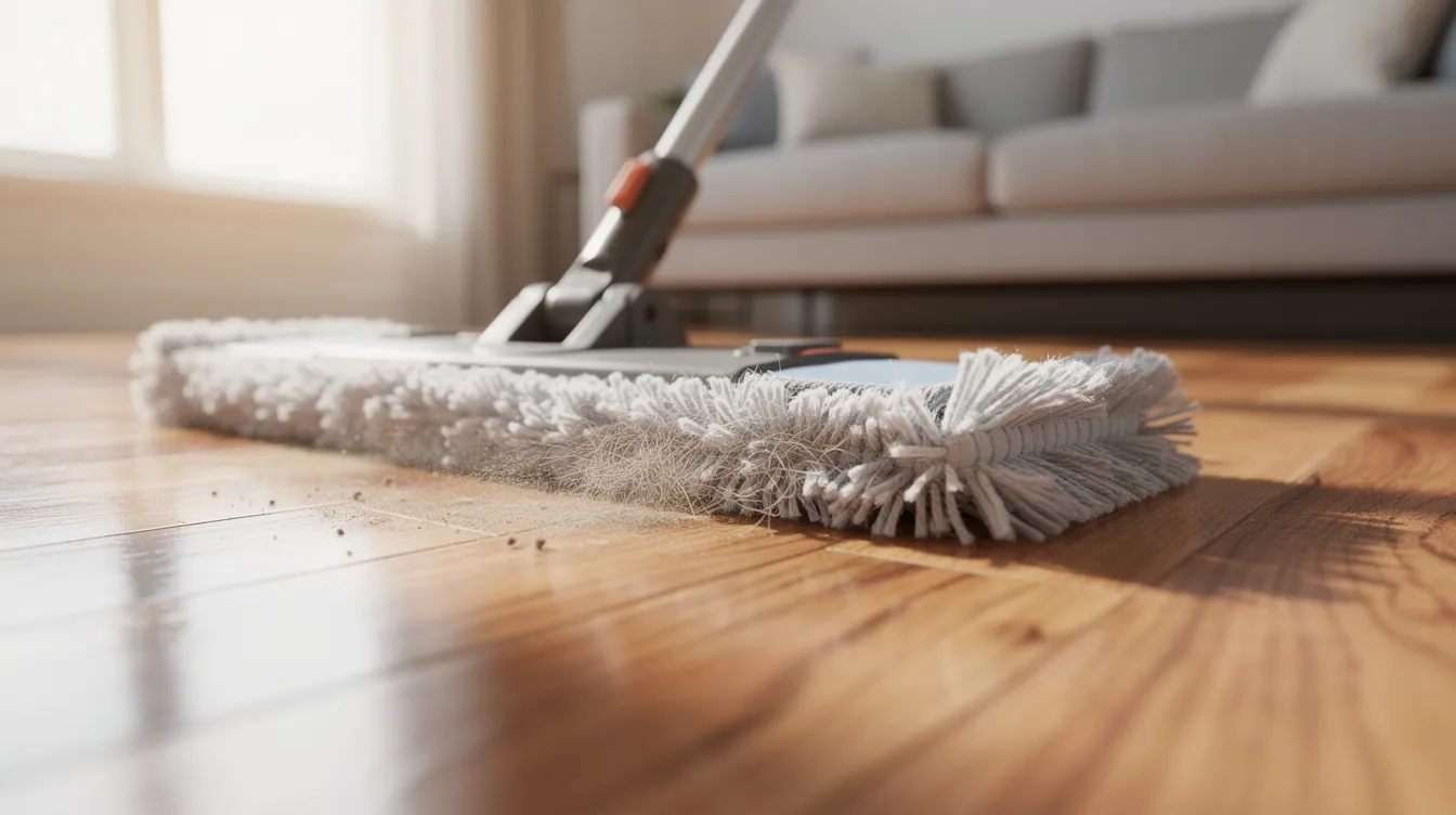 How to Extend the Life of Hardwood Floors 1 A close-up view of a microfiber dust mop gliding across a warm-toned oak hardwood floor in a bright living room, showcasing the floor's natural beauty and the importance of regular maintenance to keep wood floors clean and extend their longevity. The mop effectively removes dust and debris, highlighting the protective layer of the floor's surface against wear and tear.