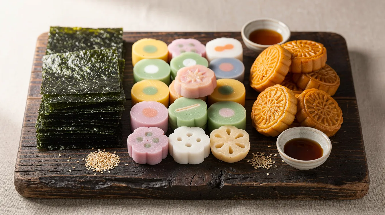 An assortment of traditional Korean snacks beautifully arranged on a wooden board, featuring rice cakes, dried seaweed, and honey cookies.