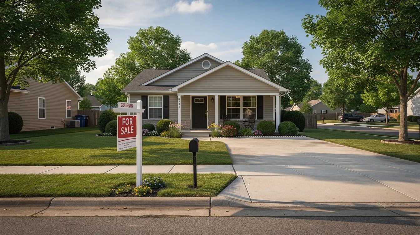 The image shows a residential home with a "For Sale" sign prominently displayed in the front yard, situated on a quiet suburban street. This setting highlights the potential for homeowners to access cash through home equity lines or loans, which can be beneficial for personal finance decisions such as home improvements or debt consolidation.